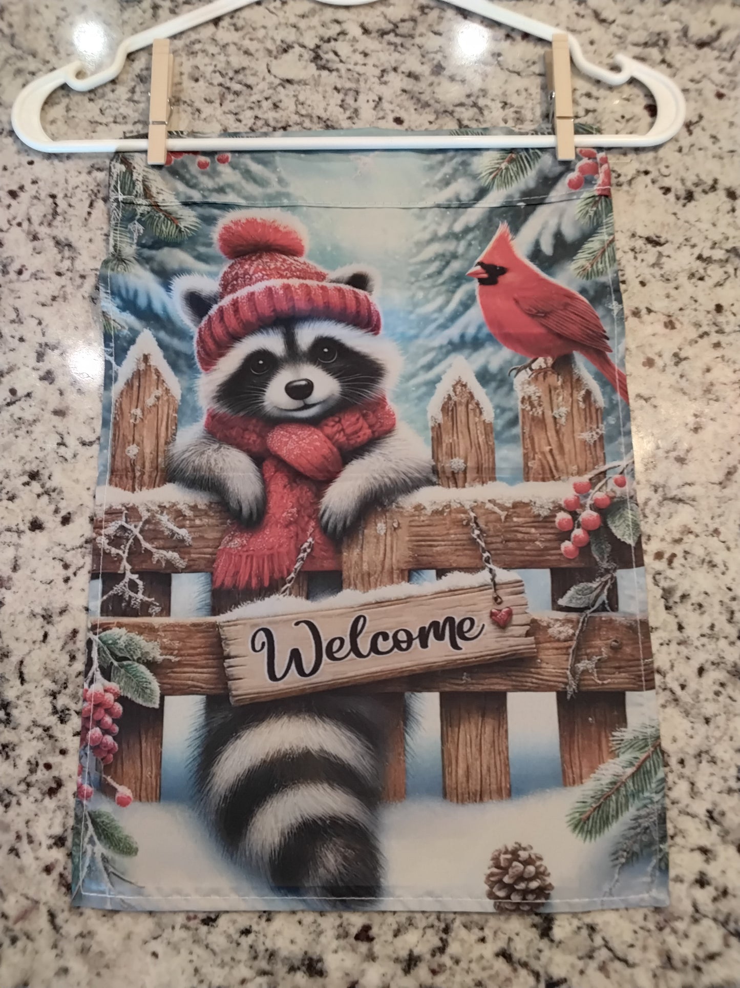 Garden Flag - Welcome Winter Raccoon w/ Cardinal