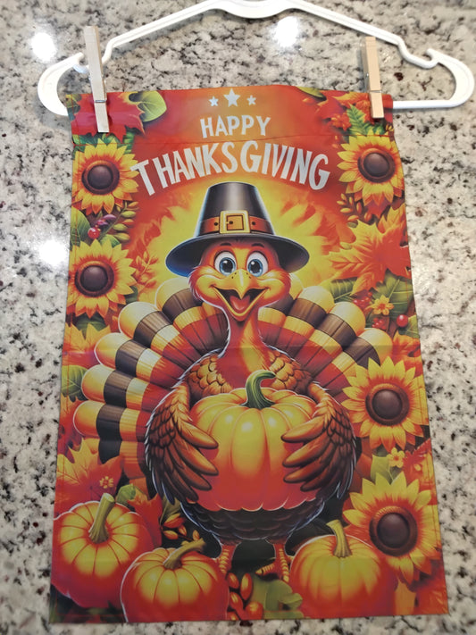 Garden Flag - Happy Thanksgiving Turkey Orange Pumpkin Sunflower