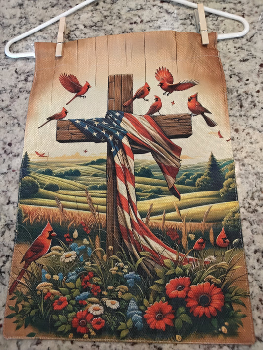 Garden Flag - American Flag, Cross and Cardinals - 4th of July