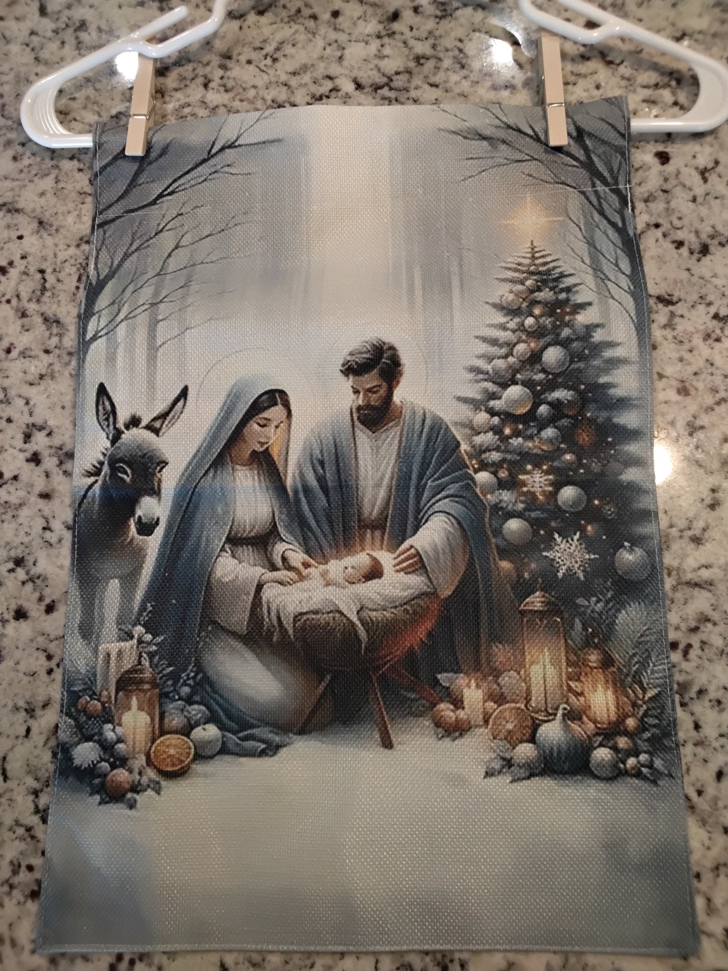 Garden Flag - Mary, Joseph & Jesus w/ Donkey and Christmas Tree - Christmas Religious