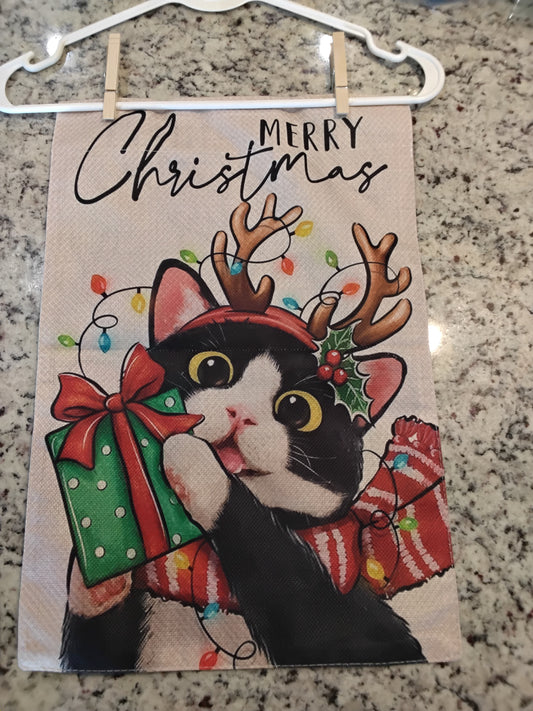 Garden Flag - Merry Christmas Cat w/ Antlers