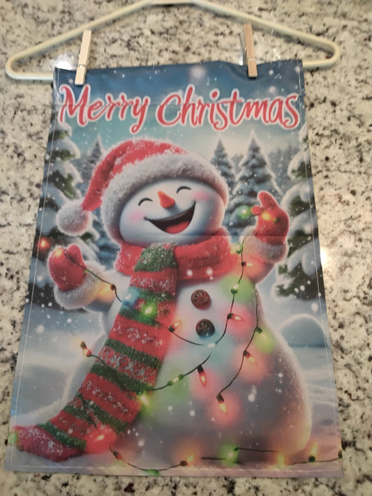 Garden Flag - Merry Christmas Snowman w/ Christmas Light Strings