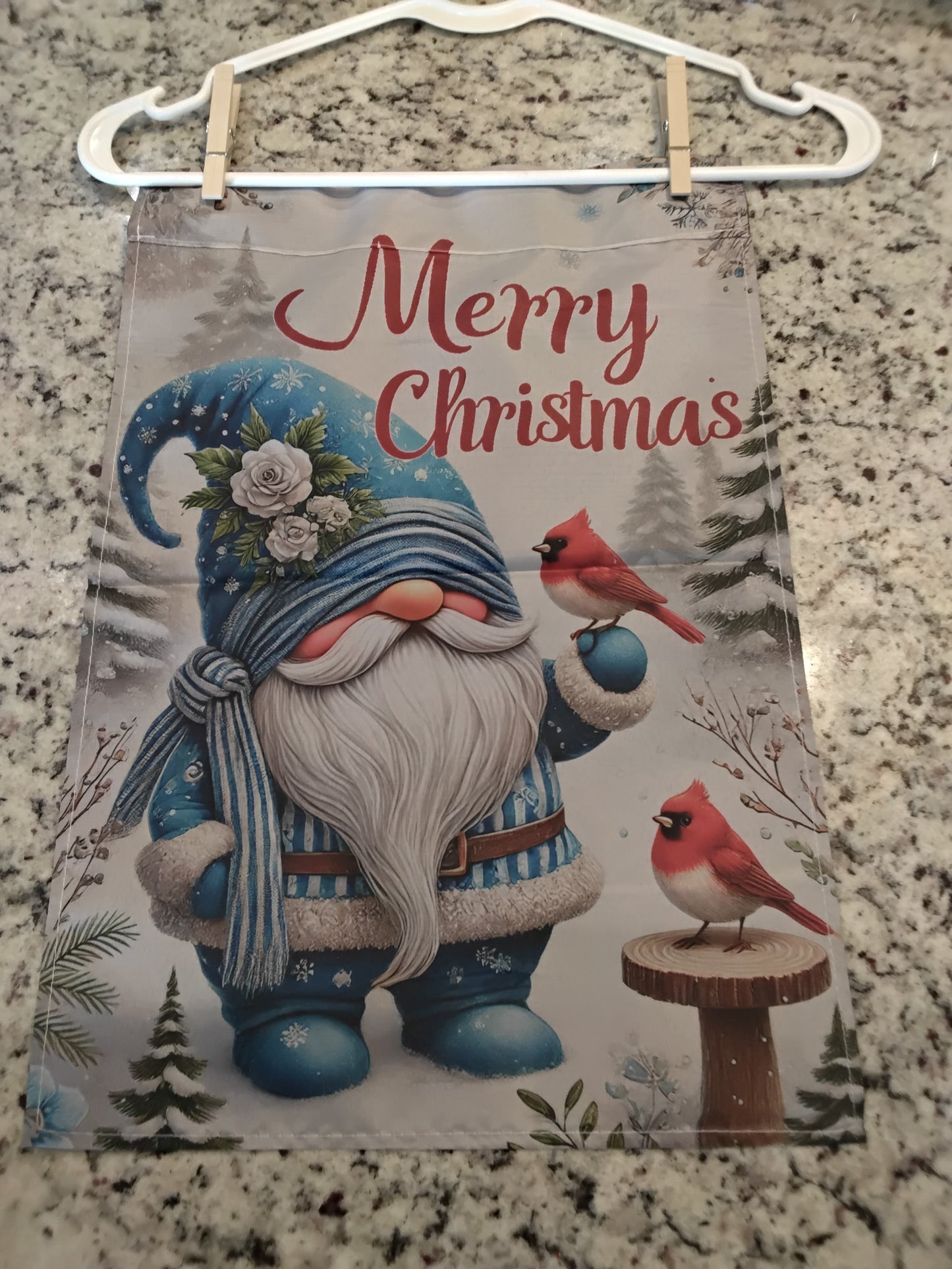 Garden Flag - Merry Christmas Blue Gnome w/ Cardinals
