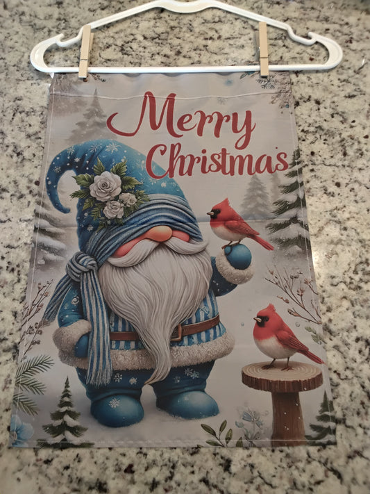 Garden Flag - Merry Christmas Blue Gnome w/ Cardinals