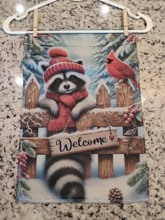 Garden Flag - Welcome Winter Raccoon w/ Cardinal