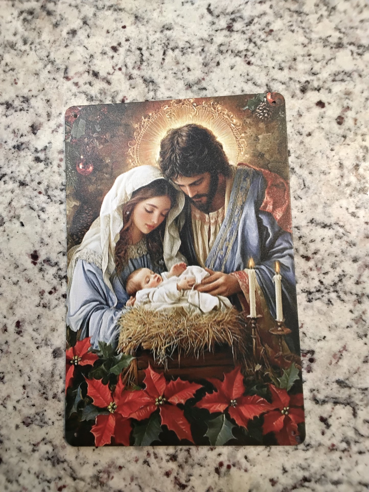Sign - Religious Mary, Joseph and Jesus w/ Poinsettias
